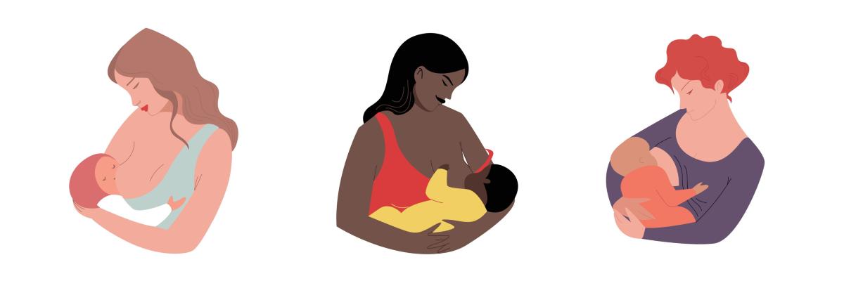 Set of a young cartoon woman breastfeeding a baby
